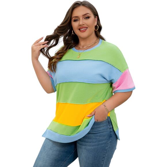 Light Blue Color Block Exposed Seam Patchwork Top New  1X - Picture 1 of 12